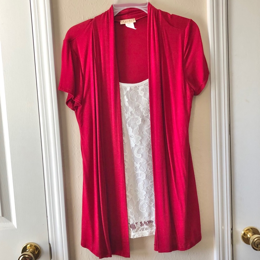 Red and white lace short sleeve blouse